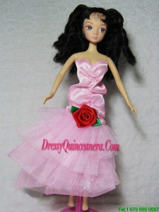 Elegant Pink Dress With Flower Tea Length For Barbie Doll