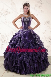 Detachable Purple Sweetheart Floor Length Quince Gowns Embroidery and Ruffles