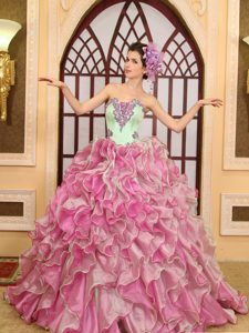Low Price Brush Train Ruffled Quince Dresses in Green and Rose Pink