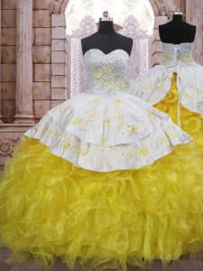 Customized Sweetheart Sleeveless Quince Ball Gowns Brush Train Beading and Appliques and Ruffles Yellow And White Organza