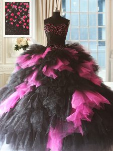 Attractive Pink And Black Ball Gowns Sweetheart Sleeveless Tulle Floor Length Lace Up Beading and Ruffles Sweet 16 Dress