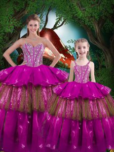 Sleeveless Floor Length Beading and Ruffled Layers Lace Up Vestidos de Quinceanera with Fuchsia