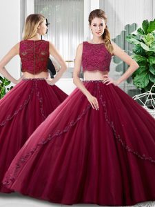 Burgundy Two Pieces Tulle Scoop Sleeveless Lace and Ruching Floor Length Zipper Quince Ball Gowns