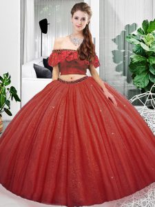 Two Pieces Quinceanera Dresses Coral Red Off The Shoulder Organza Sleeveless Floor Length Lace Up