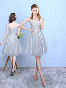 Smart Knee Length Lace Up Quinceanera Dama Dress Silver for Wedding Party with Lace