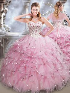 Fitting Baby Pink Ball Gown Prom Dress Military Ball and Sweet 16 and Quinceanera with Beading and Ruffles Sweetheart Sleeveless Lace Up