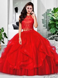 Red Zipper Halter Top Lace and Ruffles Quinceanera Dresses Tulle Sleeveless