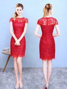 Bateau Short Sleeves Court Dresses for Sweet 16 Knee Length Lace Red Lace