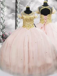 Floor Length Ball Gowns Short Sleeves Pink Quinceanera Gown Lace Up
