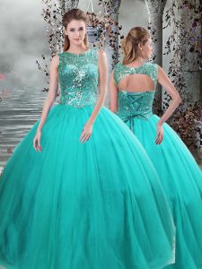 Custom Fit Turquoise Lace Up Quinceanera Gown Beading Sleeveless Floor Length