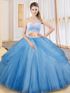 Flare Baby Blue Sleeveless Floor Length Beading and Ruching and Pick Ups Criss Cross Vestidos de Quinceanera