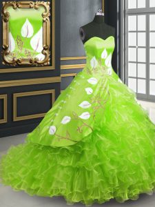 Deluxe Lace Up Quinceanera Dresses Embroidery Sleeveless Brush Train