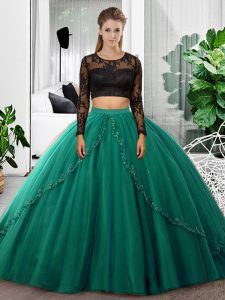 Dark Green Backless Scoop Lace and Ruching 15 Quinceanera Dress Tulle Long Sleeves