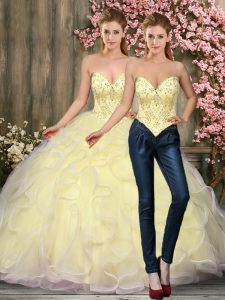 Flare Light Yellow Sleeveless Beading and Ruffles Floor Length Quince Ball Gowns