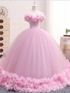 Top Selling Sleeveless Hand Made Flower Lace Up Quinceanera Gowns with Baby Pink Brush Train