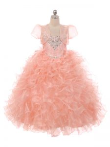 Simple Floor Length Peach Child Pageant Dress Organza Sleeveless Beading and Ruffles
