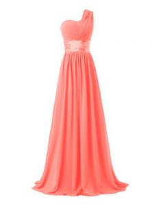 Fine Watermelon Red Quinceanera Court of Honor Dress Prom and Party and Wedding Party with Ruching One Shoulder Sleeveless Lace Up