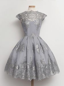 Artistic Grey Scalloped Lace Up Lace Quinceanera Court Dresses Cap Sleeves