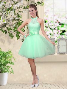 Unique Apple Green Halter Top Neckline Lace and Belt Quinceanera Dama Dress Sleeveless Lace Up