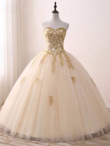 Luxurious Champagne Ball Gowns Tulle Sweetheart Sleeveless Beading and Lace and Appliques Floor Length Lace Up Sweet 16 Dress