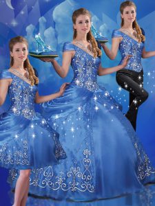Glittering Floor Length Lace Up Sweet 16 Dresses Blue for Military Ball and Sweet 16 and Quinceanera with Beading and Embroidery