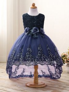 Sleeveless Zipper High Low Lace and Appliques and Bowknot and Hand Made Flower Kids Pageant Dress