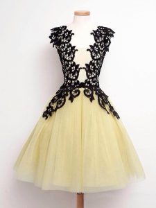Sleeveless Knee Length Lace Lace Up Quinceanera Dama Dress with Gold