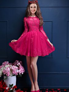 Mini Length Hot Pink Quinceanera Court Dresses Chiffon 3 4 Length Sleeve Beading and Lace and Appliques