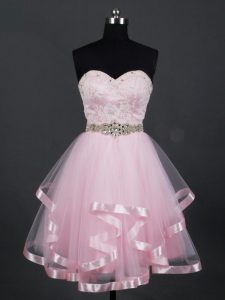 Baby Pink Tulle Zipper Sweetheart Sleeveless Mini Length Quinceanera Dama Dress Beading and Lace and Ruffles