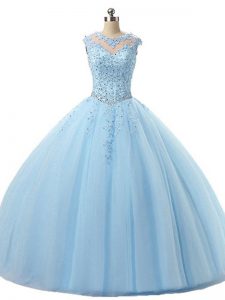 Light Blue Ball Gowns Beading and Lace Quince Ball Gowns Lace Up Tulle Sleeveless Floor Length