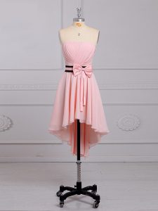 Romantic Baby Pink Sleeveless High Low Ruching and Bowknot Lace Up Quinceanera Court of Honor Dress
