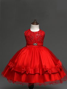Gorgeous Sleeveless Knee Length Lace and Bowknot Zipper Little Girls Pageant Dress Wholesale with Red