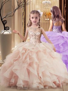 Inexpensive Peach Ball Gowns Tulle Scoop Sleeveless Beading and Ruffles Lace Up Little Girl Pageant Gowns Brush Train