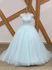 New Style Light Blue Quinceanera Dresses Tulle Brush Train Sleeveless Beading and Lace