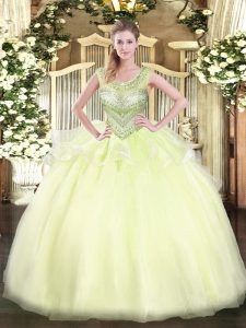 Flare Sleeveless Organza Floor Length Lace Up Vestidos de Quinceanera in Light Yellow with Beading
