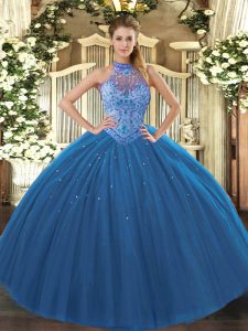 Floor Length Navy Blue Quinceanera Gowns Tulle Sleeveless Beading and Embroidery