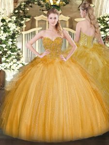 Enchanting Gold Ball Gowns Sweetheart Sleeveless Tulle Floor Length Lace Up Lace Quince Ball Gowns