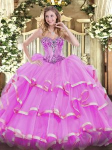 Exquisite Beading and Ruffles Sweet 16 Dress Lilac Lace Up Sleeveless Floor Length