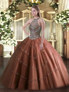 Halter Top Sleeveless Lace Up Quinceanera Gowns Chocolate Tulle