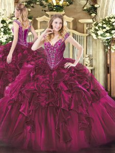 Custom Design Ball Gowns Sweet 16 Dresses Fuchsia V-neck Organza Sleeveless Floor Length Lace Up