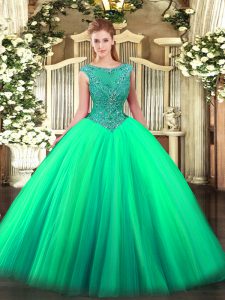 Elegant Turquoise Sleeveless Floor Length Beading Zipper 15th Birthday Dress