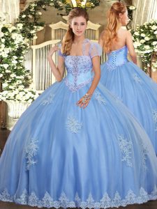 Tulle Strapless Sleeveless Lace Up Beading and Appliques Quinceanera Gown in Light Blue