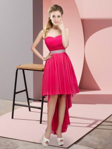 Classical Hot Pink Chiffon Lace Up Quinceanera Court Dresses Sleeveless High Low Beading