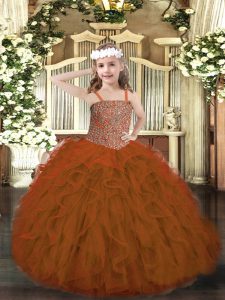 Beauteous Floor Length Rust Red Little Girls Pageant Dress Tulle Sleeveless Beading and Ruffles