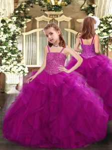Cute Straps Sleeveless Lace Up Pageant Gowns For Girls Fuchsia Tulle
