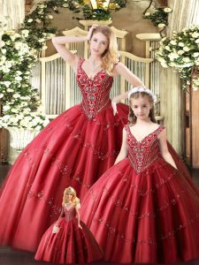 Edgy Red Straps Lace Up Beading Vestidos de Quinceanera Sleeveless