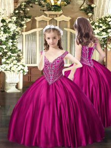 Floor Length Ball Gowns Sleeveless Fuchsia Pageant Gowns For Girls Lace Up