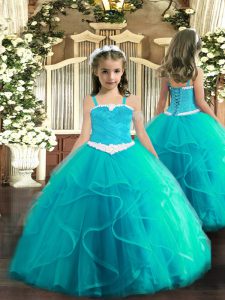 Attractive Straps Sleeveless Lace Up Girls Pageant Dresses Aqua Blue Tulle