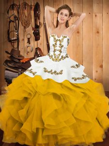 Hot Selling Sleeveless Floor Length Embroidery and Ruffles Lace Up Vestidos de Quinceanera with Yellow And White