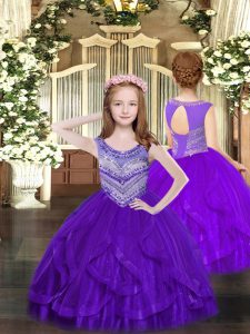 Nice Scoop Sleeveless Little Girl Pageant Gowns Floor Length Beading and Ruffles Purple Tulle